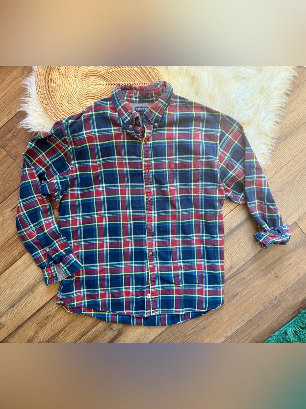 Lands’ End Blue Red Plaid Flannel Button Down Shirt Size XXL